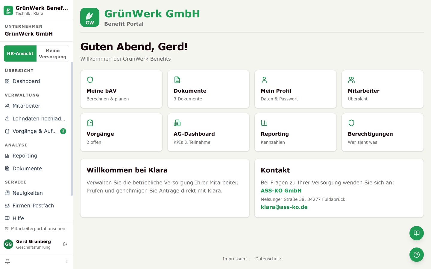 Startseite des Arbeitgeber-Portals im Design des Demo-Mandanten GrünWerk GmbH mit Kacheln und Kontakt zu ASS-KO.