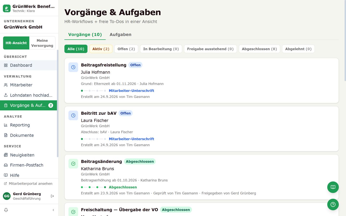 Vorgänge und Aufgaben im Portal: Beitragsfreistellung, Beitritt und Beitragsänderung mit Status und Fortschritt, beim abgeschlossenen Vorgang mit Namen für Erstellung, Prüfung und Freigabe. Demodaten.